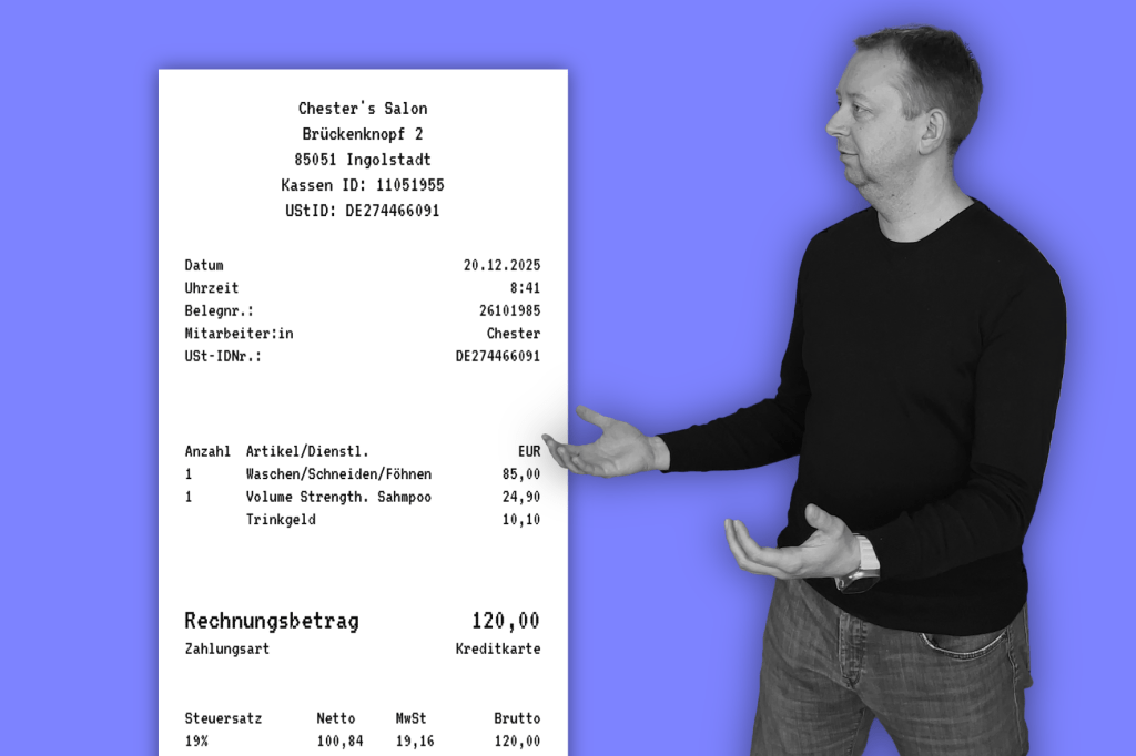 Beispiel eines Kassenbons neben Sebastian